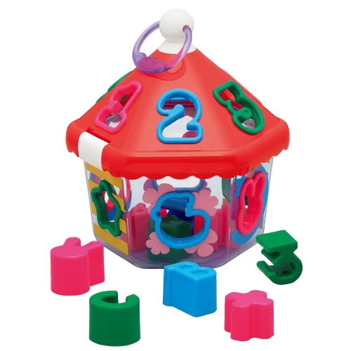赤ちゃんが喜ぶ、カラフルブロック12個付き おうちのパズルは、ブロックが落ちる様子が分りやすい透明ボディのお家の形のパズル